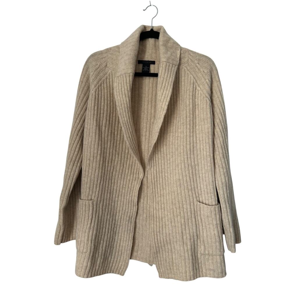 THE LIMITED Sweater Womens M Beige 100% Lambswool‎ Ribbed Open Belted Cardigan